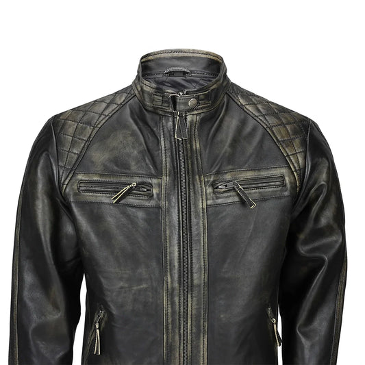 Mens Distressed Real Lambskin Black Biker Jacket