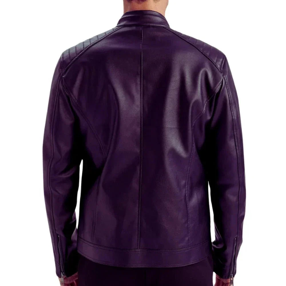 Back view Men's Purple Quilted Biker Leather Jacket