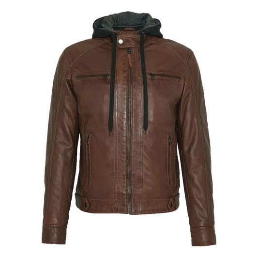 Men's Mocca Brown Leather Bomber Jacket with Removable Hood