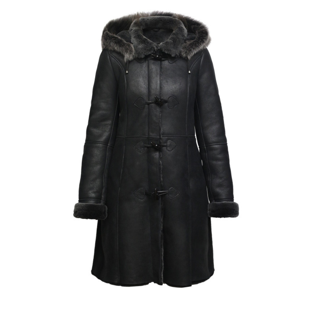 Women's Black Sheepskin Duffle Coat With Detachable Hood