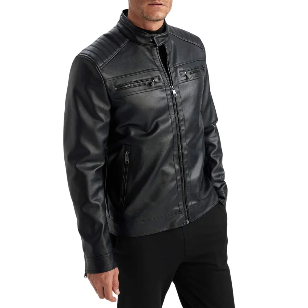Men's Real Black Quilted Biker Leather Jacket