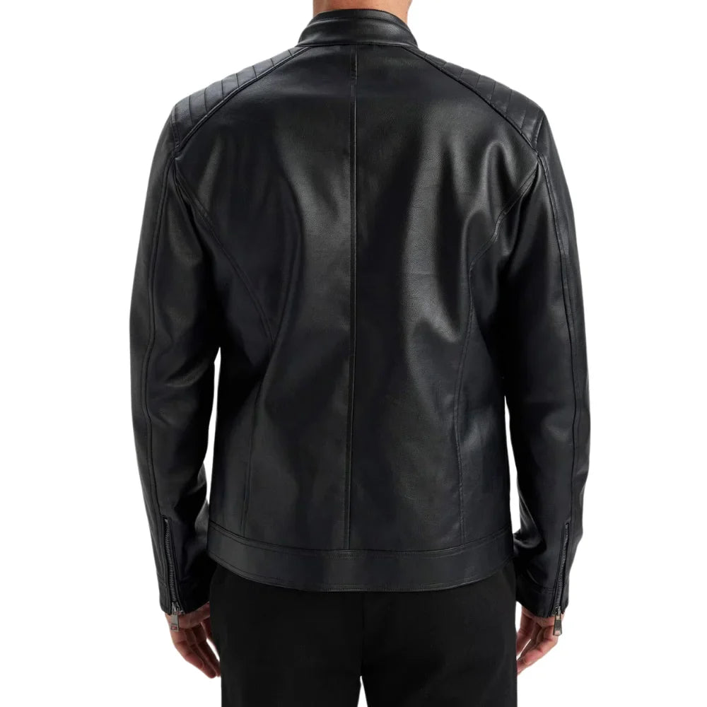 Men's Black Quilted Biker Leather Jacket - Back View