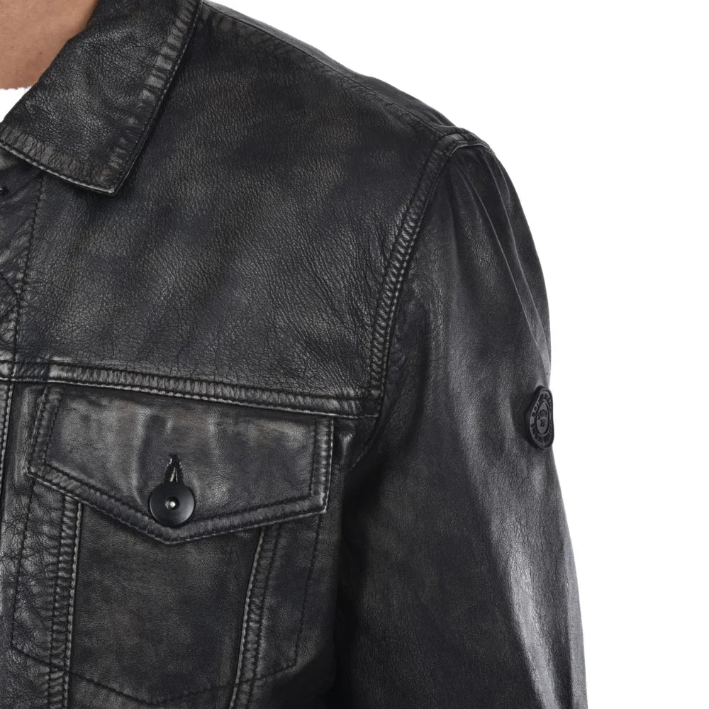 Mens Washed Black Leather Trucker Style Jacket