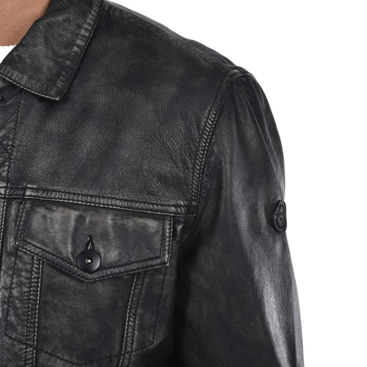 Mens Washed Black Leather Trucker Style Jacket