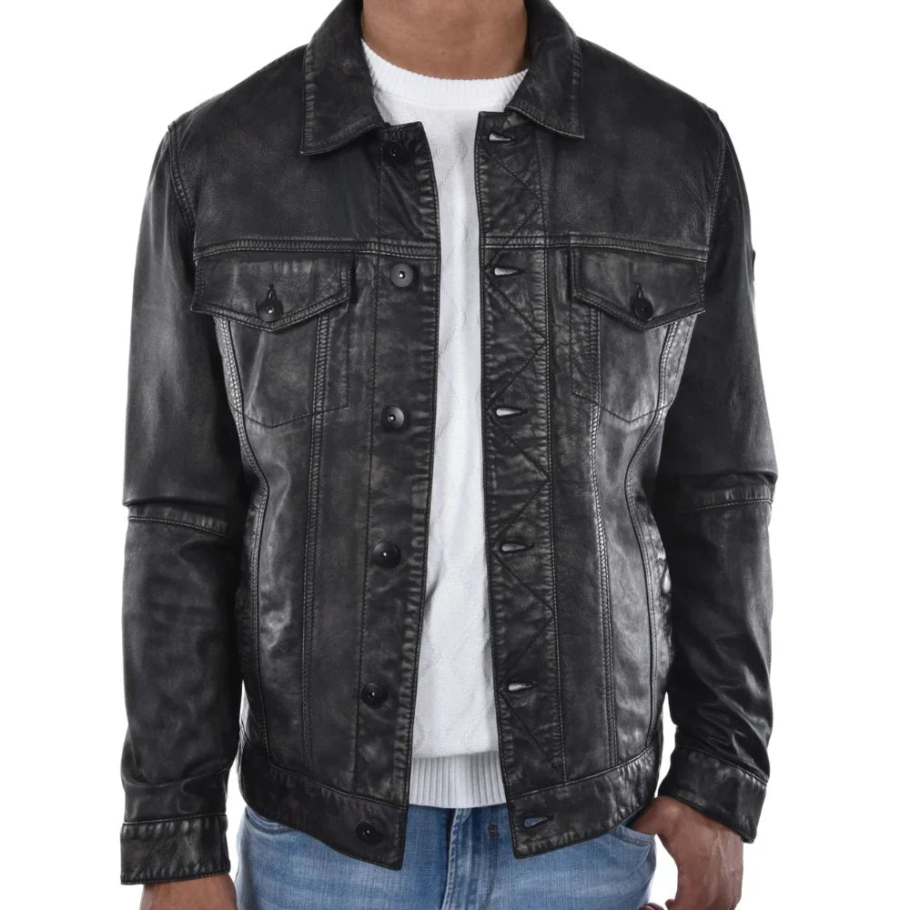 Mens Washed Black Leather Trucker Style Jacket