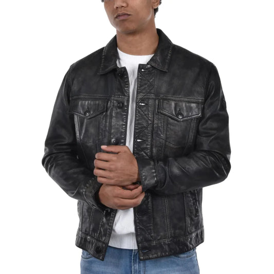 Mens Washed Black Leather Trucker Style Jacket