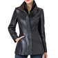 Women’s High-Collar Black Lambskin Leather Jacket with Brown Details