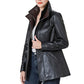 Women’s High-Collar Black Lambskin Leather Jacket with Brown Details