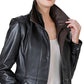 Women’s High-Collar Black Lambskin Leather Jacket with Brown Details