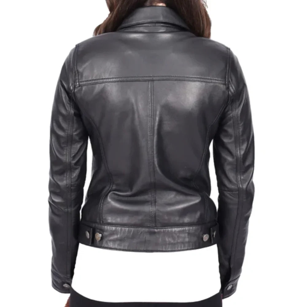 Women’s Classic Black Leather Trucker Jacket