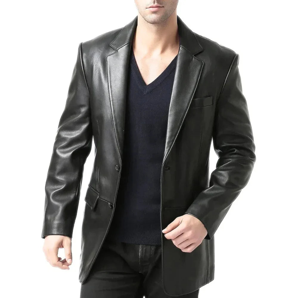 Men's Black Two Button Real Leather Blazer Jacket