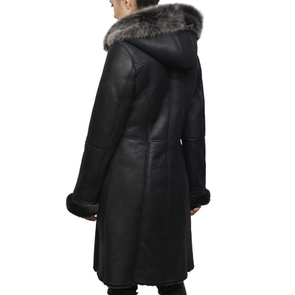 Women's Black Sheepskin Duffle Coat With Detachable Hood