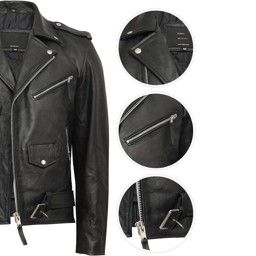 Mens Genuine Leather Biker Jacket Cowhide