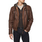 Men's Mocca Brown Leather Bomber Jacket with Removable Hood