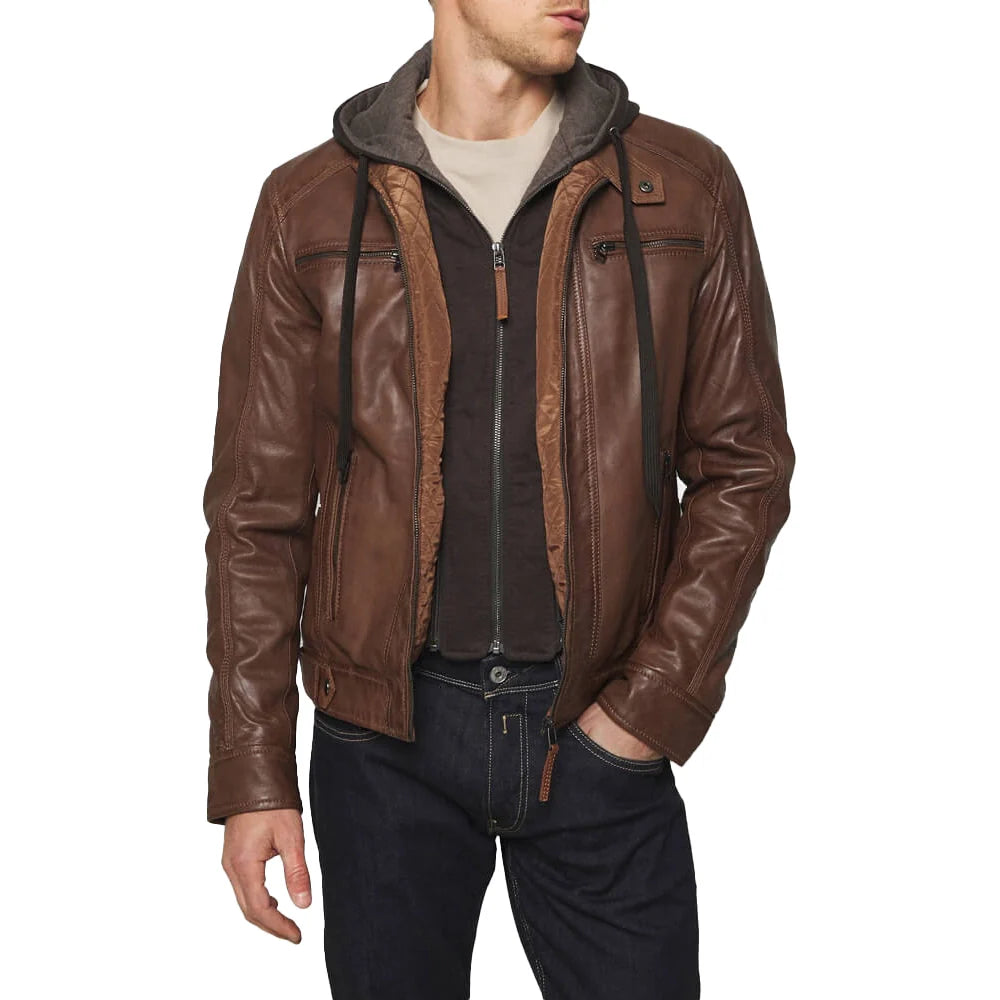 Men's Mocca Brown Leather Bomber Jacket with Removable Hood