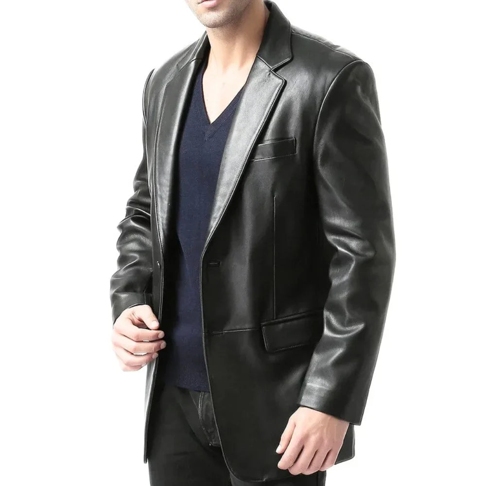 Men's Black Two Button Real Leather Blazer Jacket