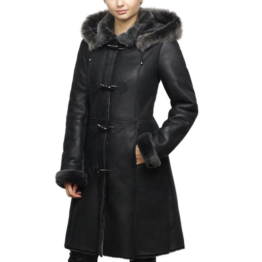 Women's Black Sheepskin Duffle Coat With Detachable Hood
