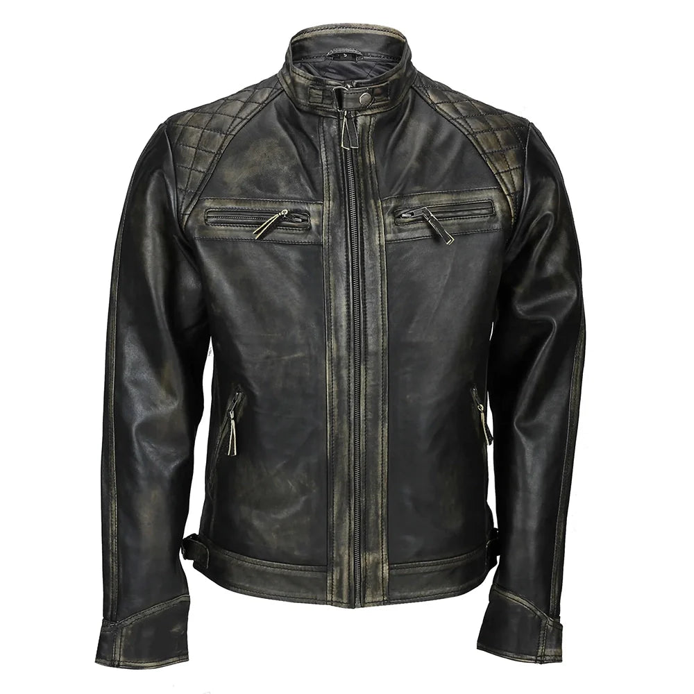 Mens Distressed Real Lambskin Black Leather Jacket