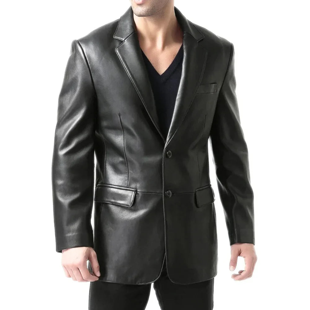 Men's Black Two Button Real Leather Blazer Jacket