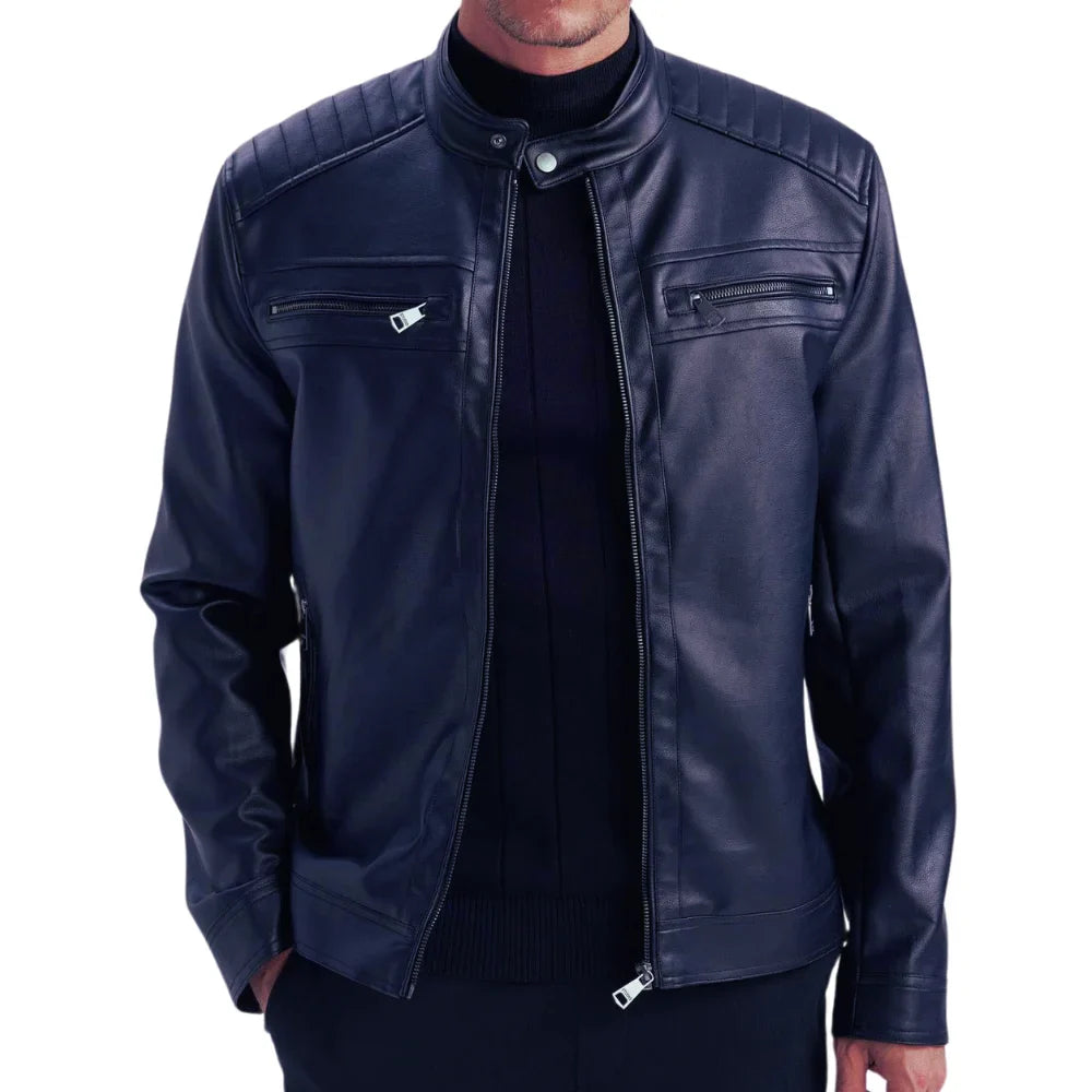 Mens Genuine Lambskin Blue Café Racer Leather Jacket