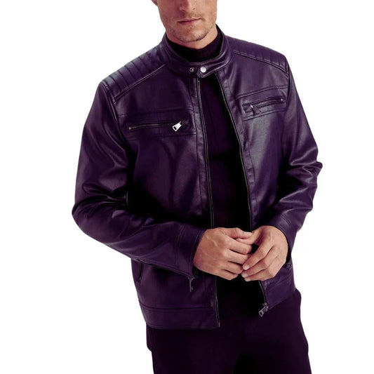 Men's Purple Quilted Biker Leather Jacket - Front View