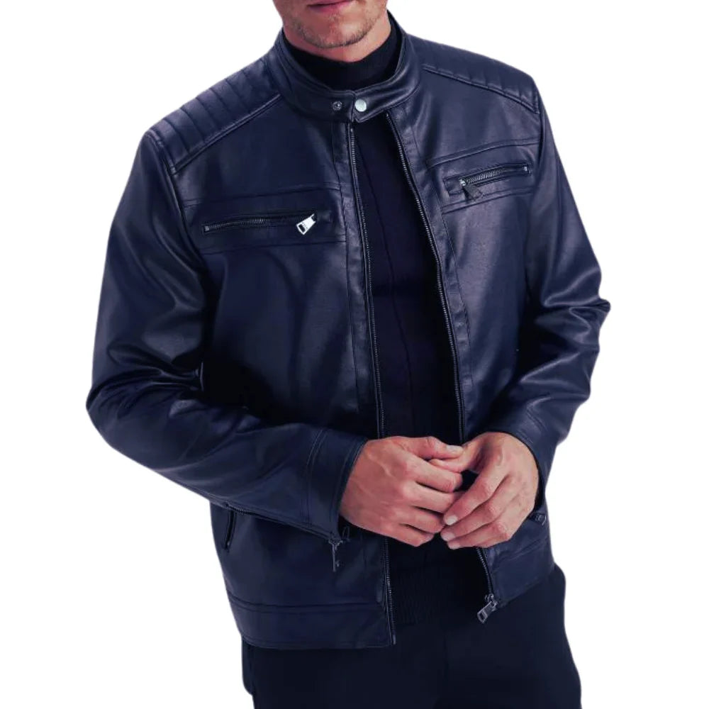 Mens Lambskin Blue Café Racer Leather Jacket