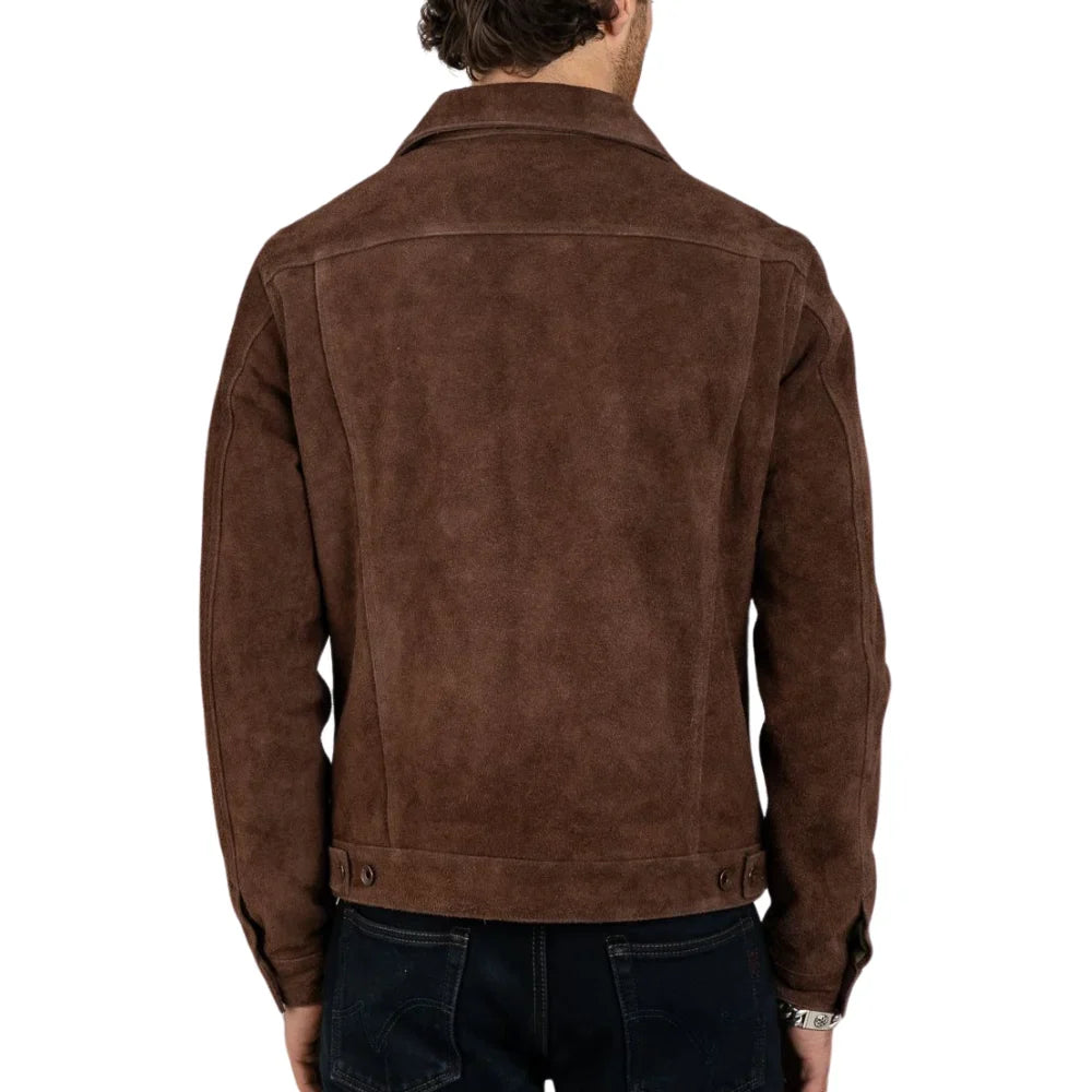Men's Shirt Collar Dark Brown Suede Leather Trucker Jacket