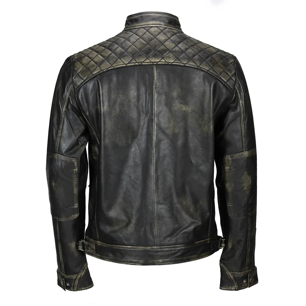 Mens Distressed Real Lambskin Leather Biker Jacket