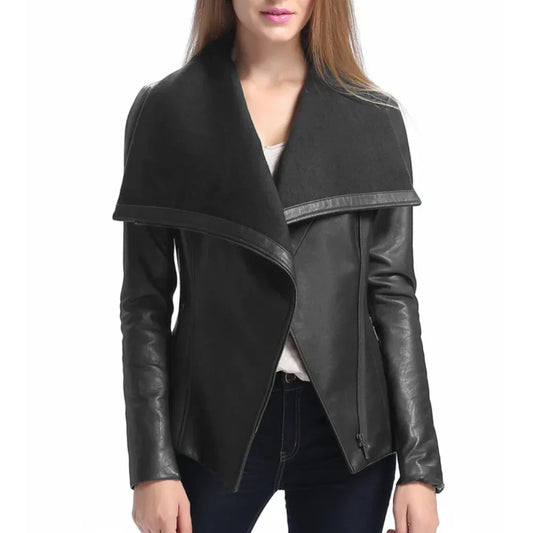 Women’s Asymmetrical Black Leather Jacket with Wool Blend Overlay
