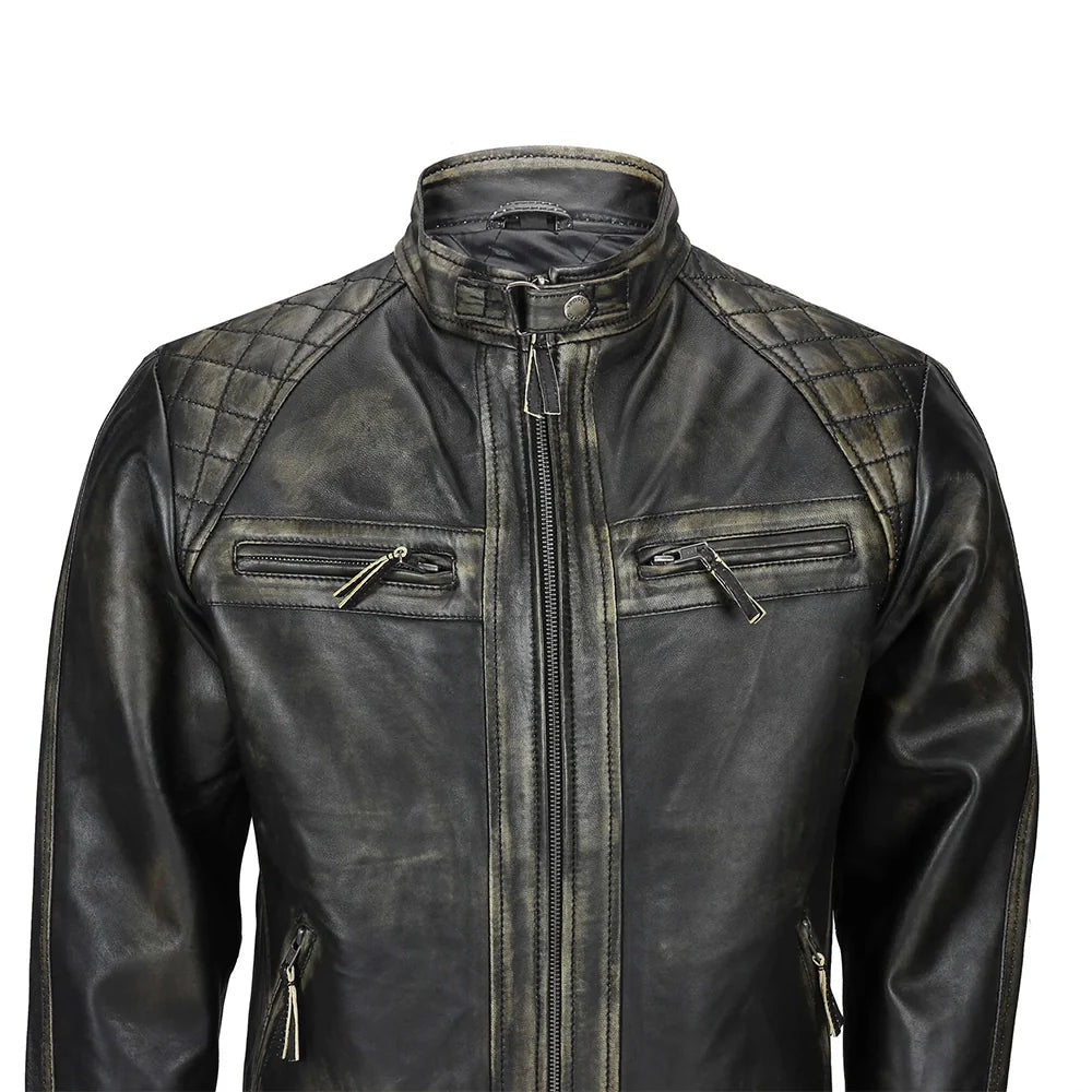 Mens Distressed Real Lambskin Black Biker Jacket