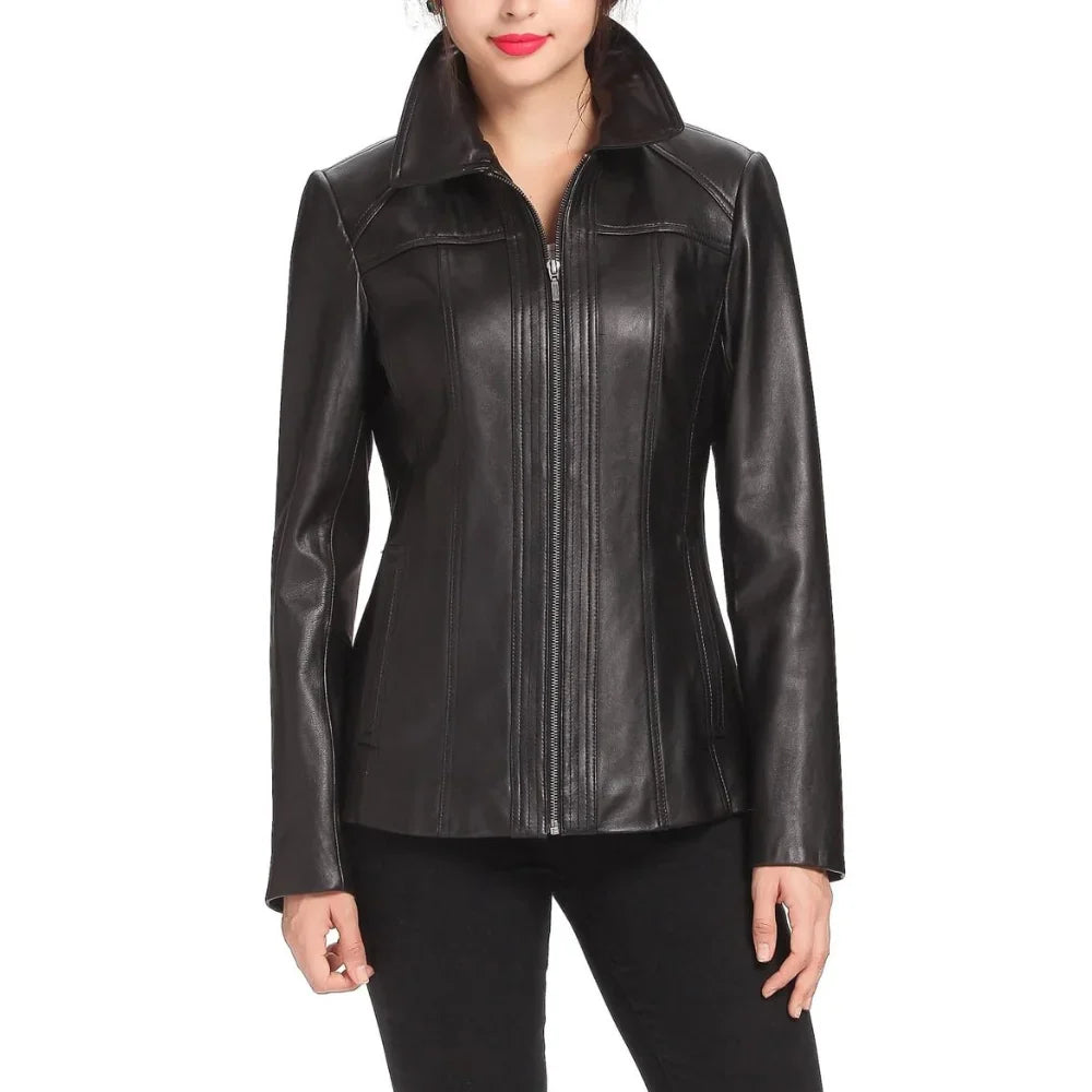 Womens Three Quarter Black Leather Long Coat