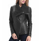 Women’s Asymmetrical Black Leather Jacket with Wool Blend Overlay