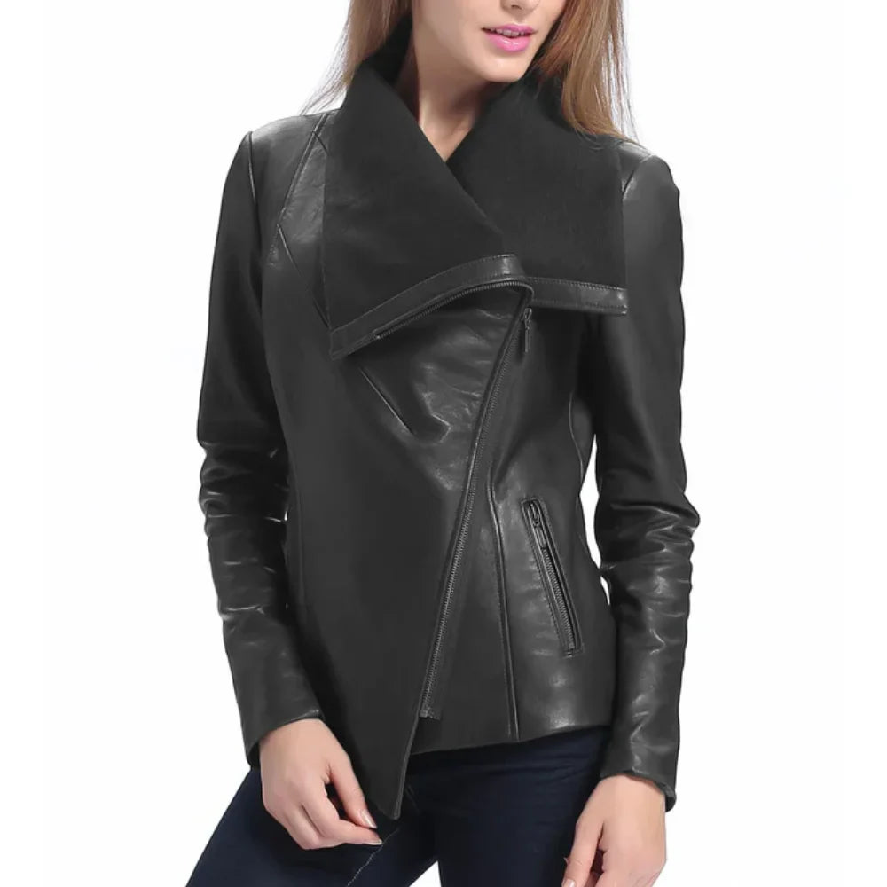 Women’s Asymmetrical Black Leather Jacket with Wool Blend Overlay