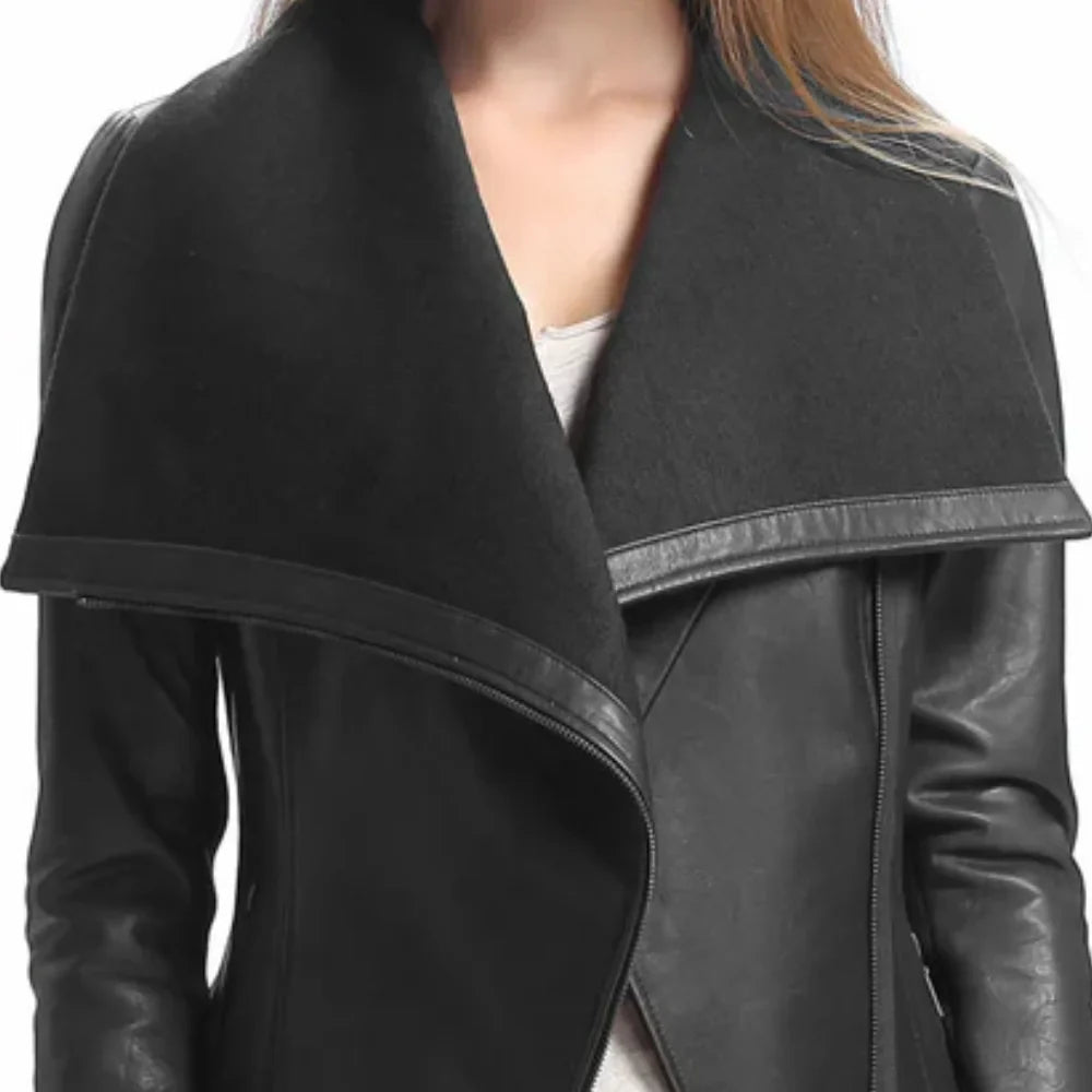 Women’s Asymmetrical Black Leather Jacket with Wool Blend Overlay