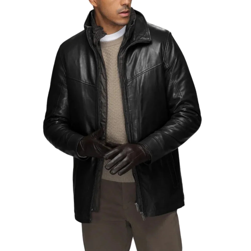 Men’s Genuine Lamb Leather Walking Coat with Detachable Quilted Vest