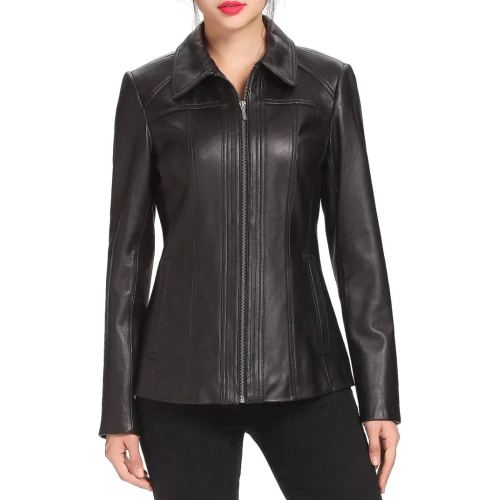 Womens Black Long Leather Coat