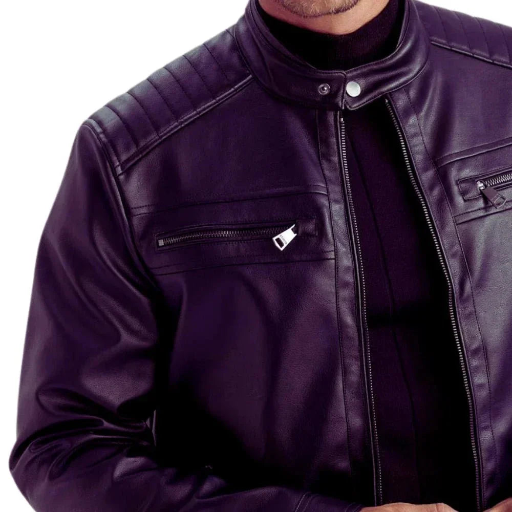 Close Up of Men's Purple Quilted Biker Leather Jacket