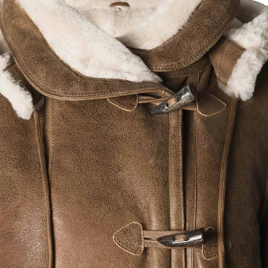 Women's Brown Sheepskin Duffle Coat With Hood