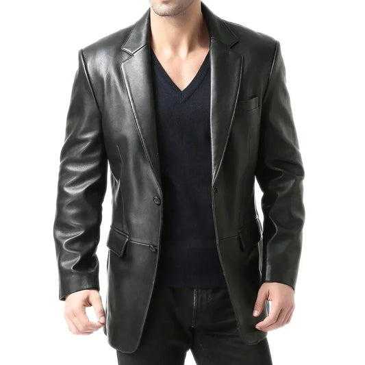Men's Black Two Button Real Leather Blazer Jacket