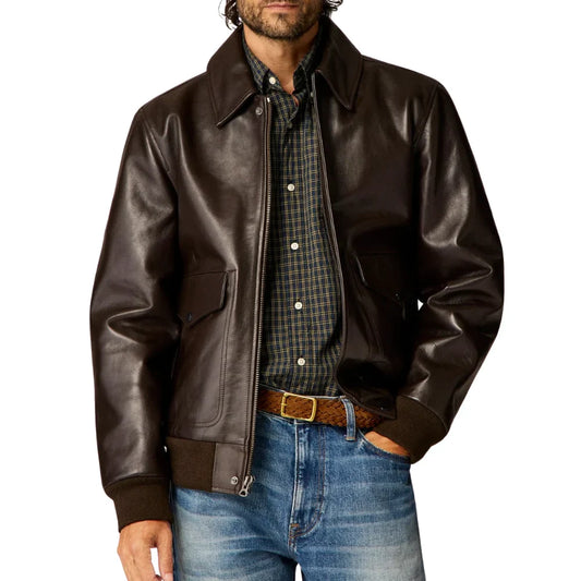 Men's Aviator A2 Vintage Brown Leather Bomber Jacket - Front View