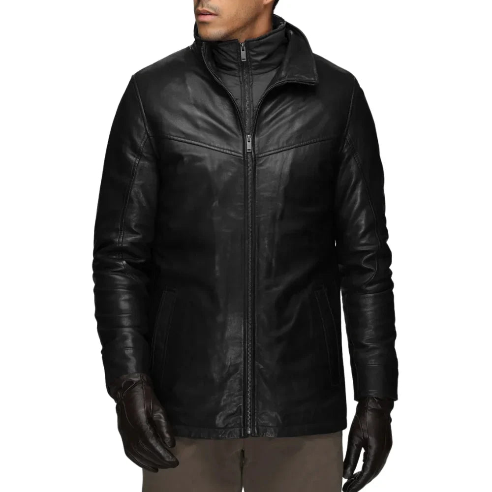 Men’s Genuine Lamb Leather Walking Coat with Detachable Quilted Vest