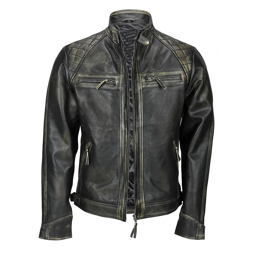 Mens Distressed Real Lambskin Black Leather Biker Jacket
