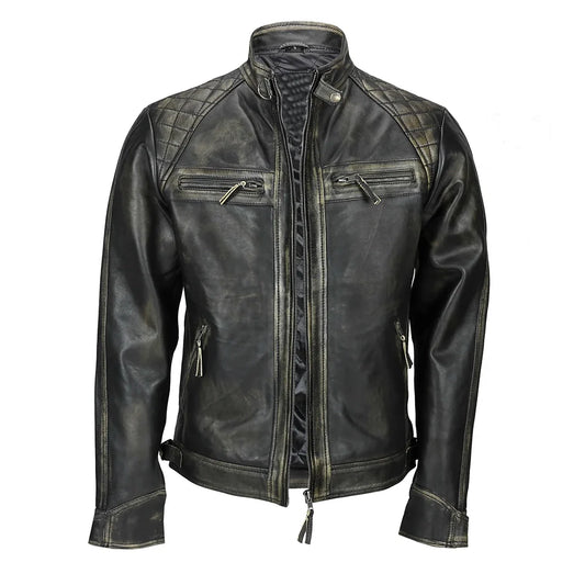 Mens Distressed Real Lambskin Black Leather Biker Jacket