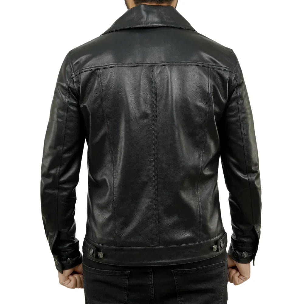 Mens Four Pockets Black Leather Trucker Jacket