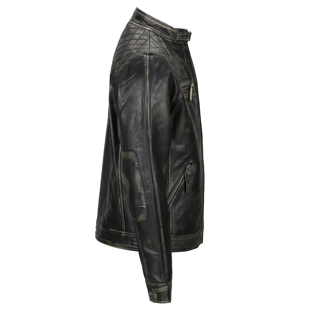 Mens Distressed Real Black Leather Biker Jacket