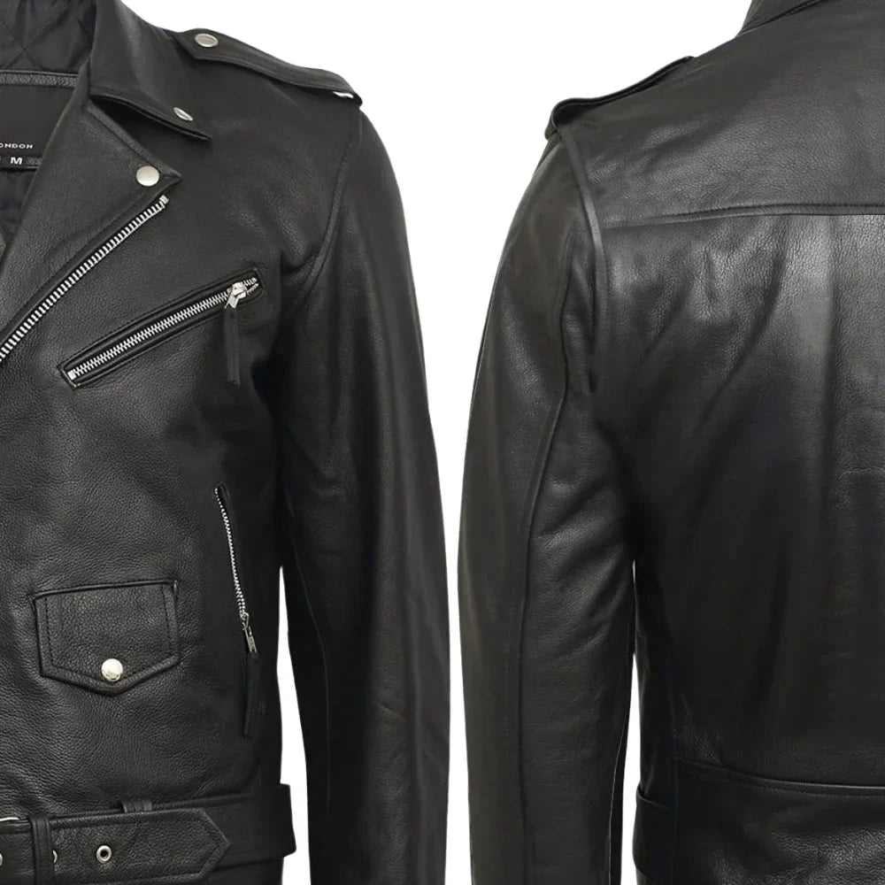Mens Genuine Leather Biker Jacket Cowhide