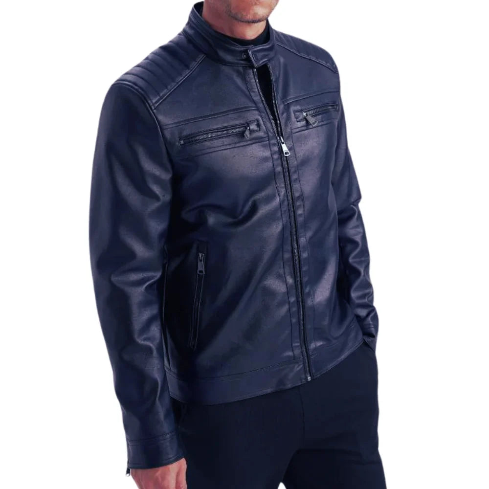 Mens Genuine Lambskin Blue Café Racer Jacket