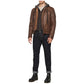 Men's Mocca Brown Leather Bomber Jacket with Removable Hood