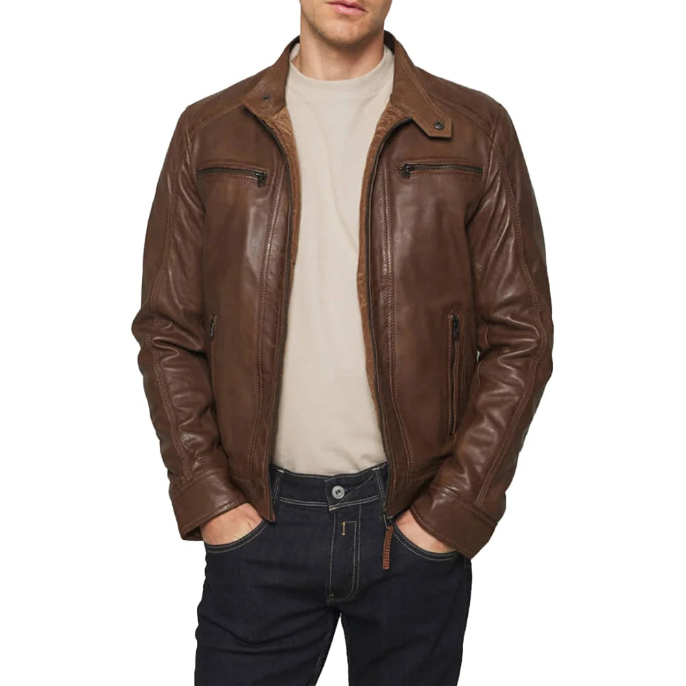 Men's Mocca Brown Leather Bomber Jacket with Removable Hood