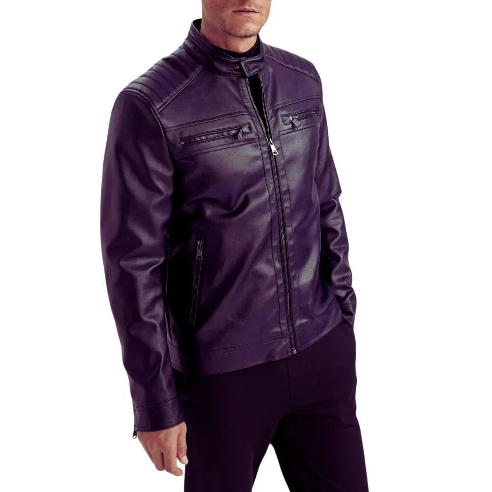 Men's Purple Quilted Biker Leather Jacket - Side View